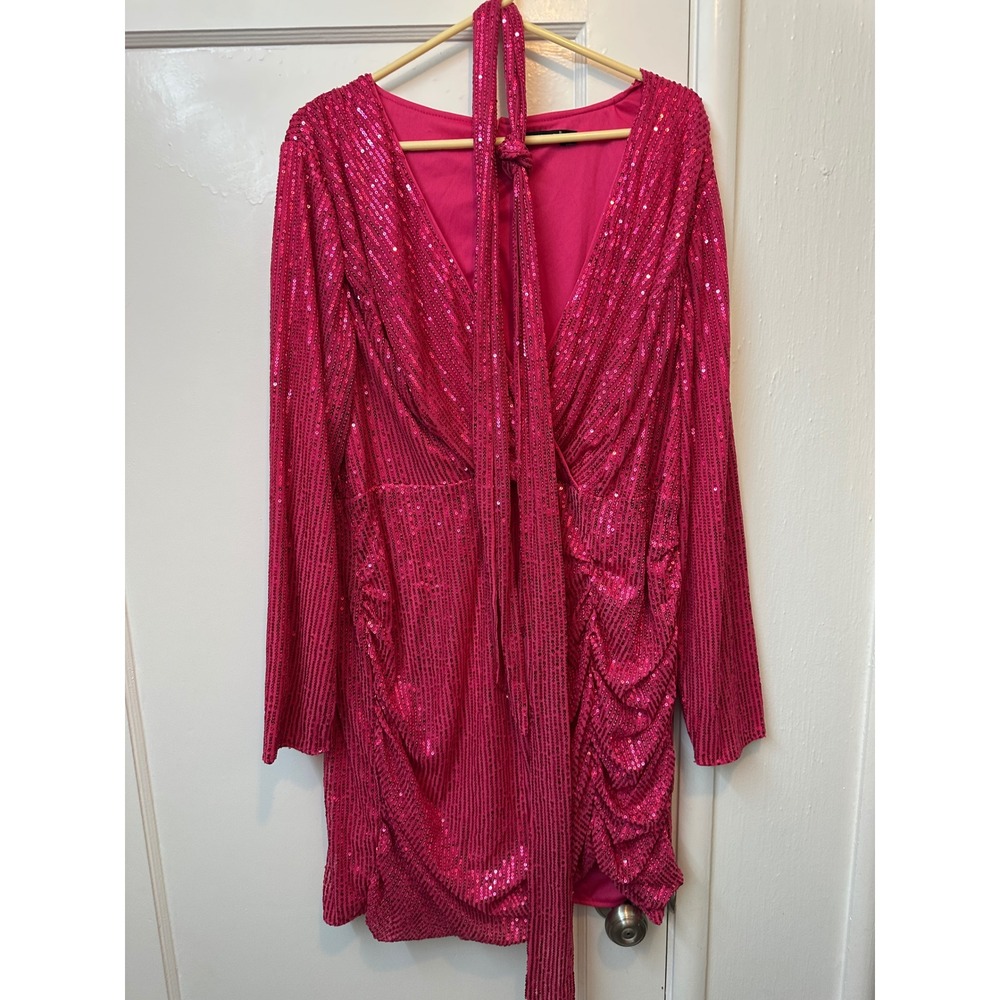 Double Crazy Womens 3XL Hot Pink Sequin Ruched Mini Dress Long Sleeve